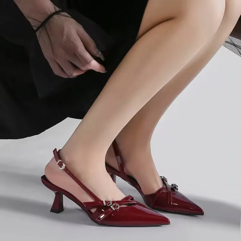 

Street Style One-Strap Stiletto Sandals Summer Pointed Toe Metal Belt Buckle Anti-Slip Banquet Party Slingback Femme Shoes