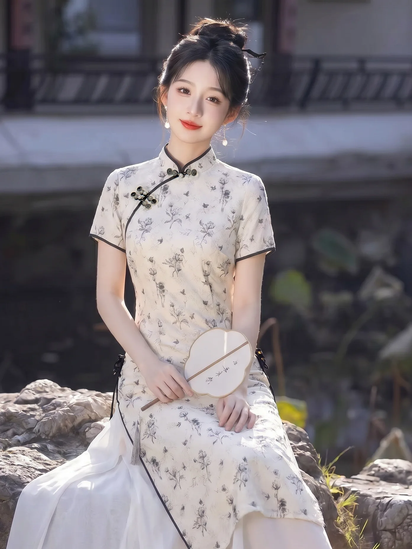 short-sleeve-chinese-style-high-split-long-cheongsam-improved-young-style-women's-summer-aodai-qipao-dress