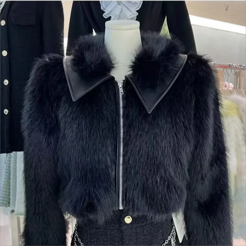 2024 Winter Faux Mink Fur lapel Jacket Fluffy Streetwear Coat Simulation Fox Fur Parka Cardigan Tops