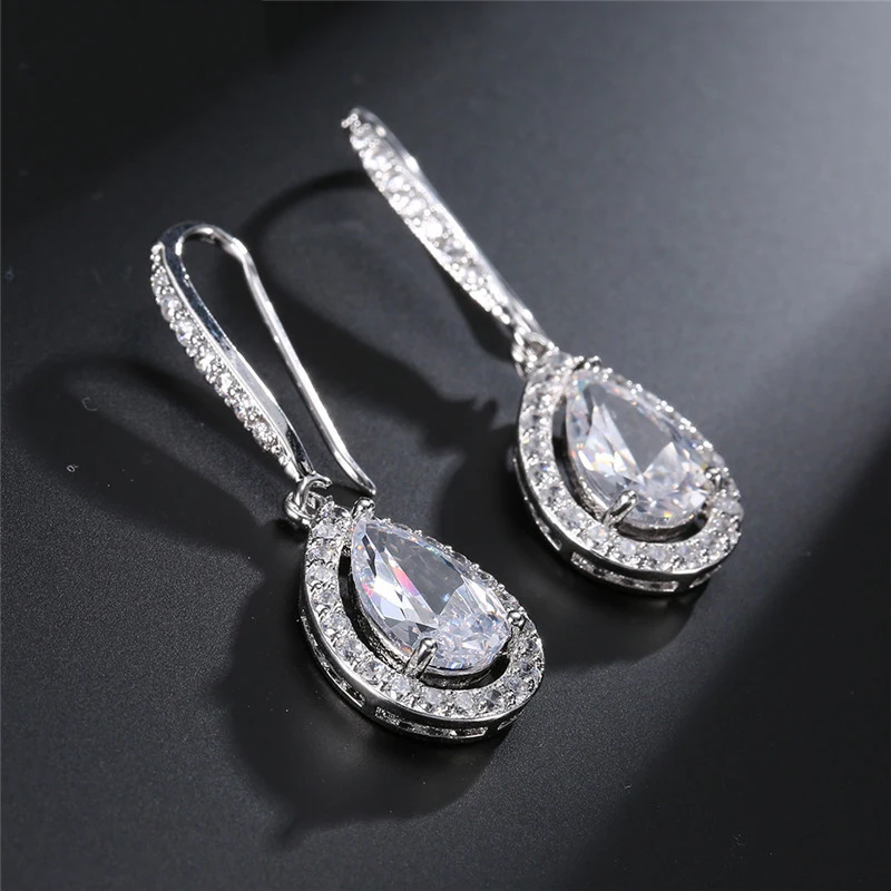 ZAKOL Brand AAA Cubic Zirconia Water Drop Dangle Earrings Fashion Bridal Wedding Party Jewelry Set Gift