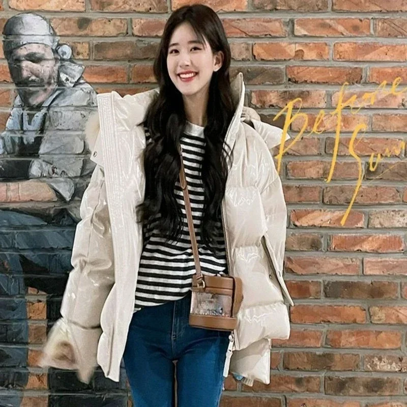 Down Jacket Solid Color Fashion Star Style Can Be Removed Cap Sub Bright Face Wash Thick Thin Down Coat Cotton-padded Woman