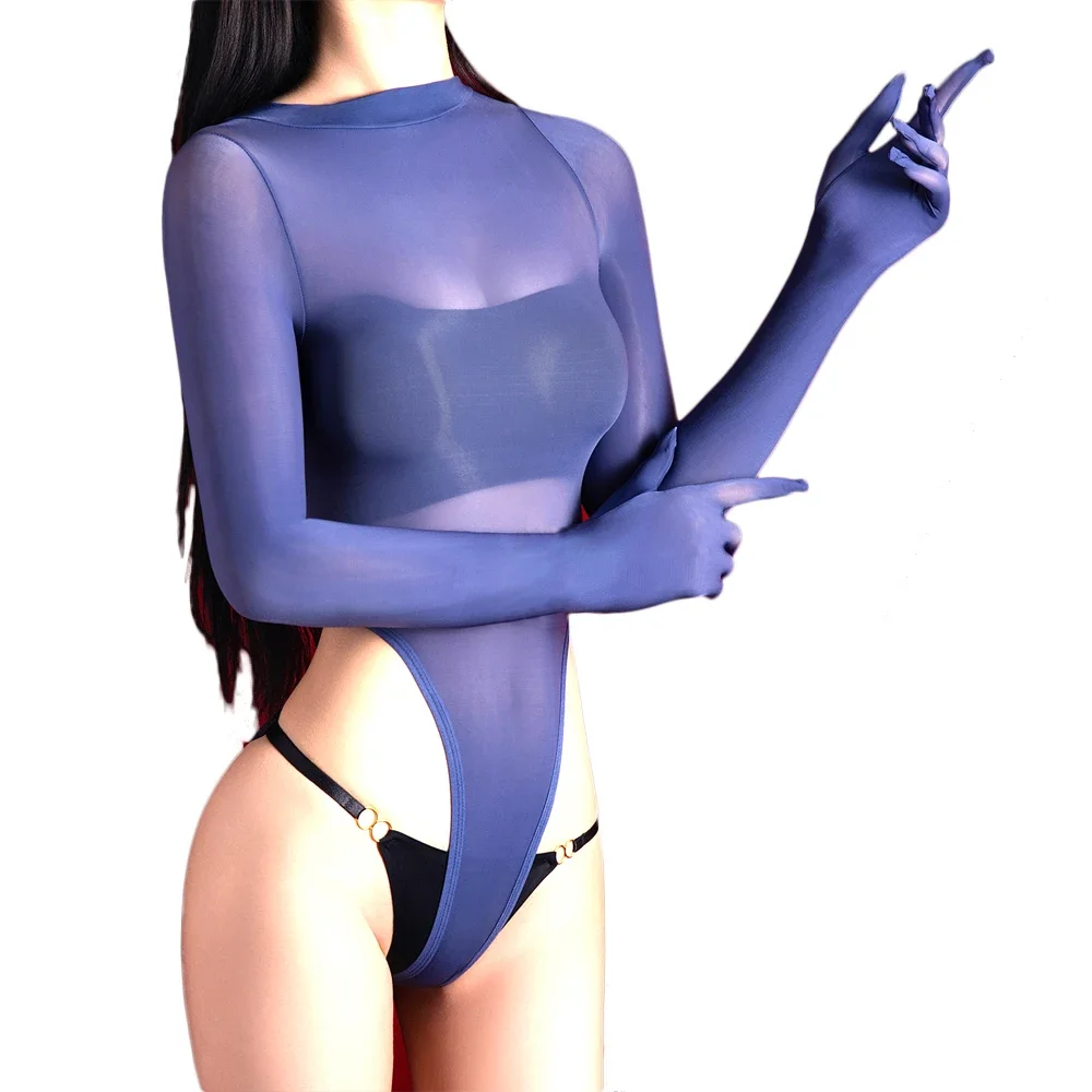 Women's Gloves Sleeve Bodysuit Tops High Elastic Thong Cut Tights Oil Shiny Glossy Woman 5D Thin One Pieces Slimming Leotard