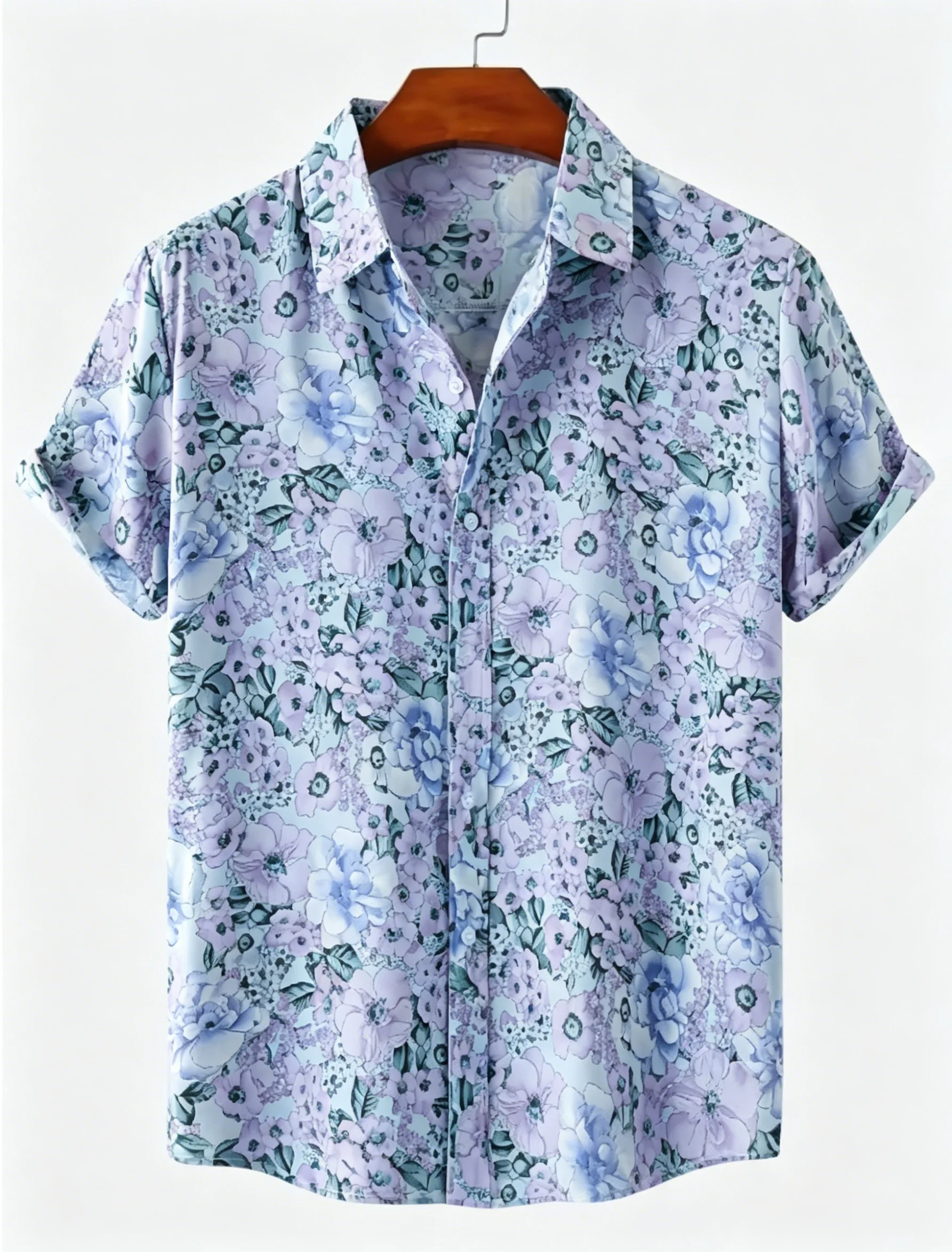

Men's Spring Summer Lapel Shirt, Light Purple Watercolor Floral Print Casual Tops for Daily Vacation Beach Street Outfit