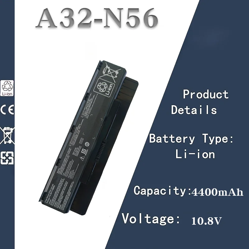 

10.8V 4400mAh Laptop Battery Replacement for ASUS A32 - N56 | Compatible with F45U, N46V, N46VM, N56V, N56VZ, N76 Laptops