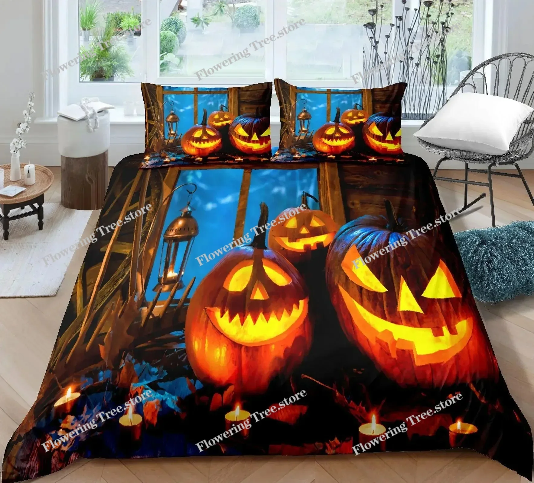 Halloween  Set Halloween Pumpkin Ghost Festival Themed Bedding Set For Kid Boy Teen Microfiber Queen Size Quilt Cover