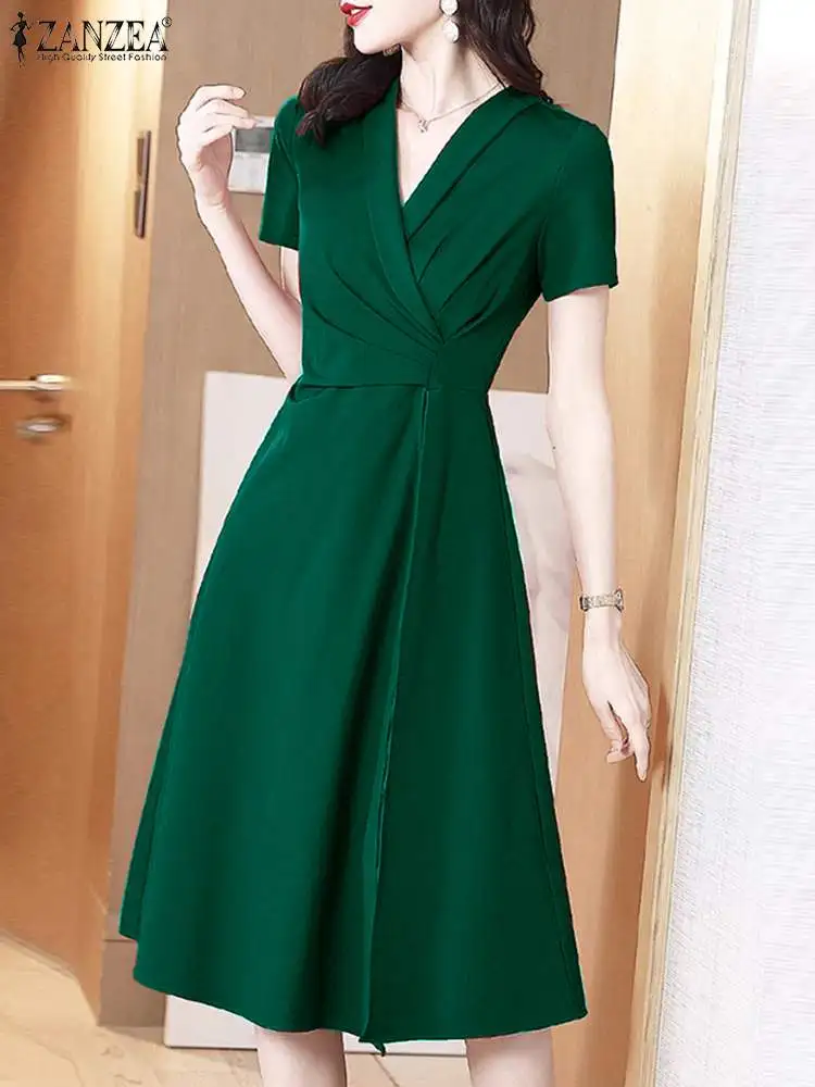 ZANZEA Elegant Women Collect Waist Robe 2024 Summer Korean Short Sleeve Pleated Dress Vintage Party Vestidos Office Prom Dresses