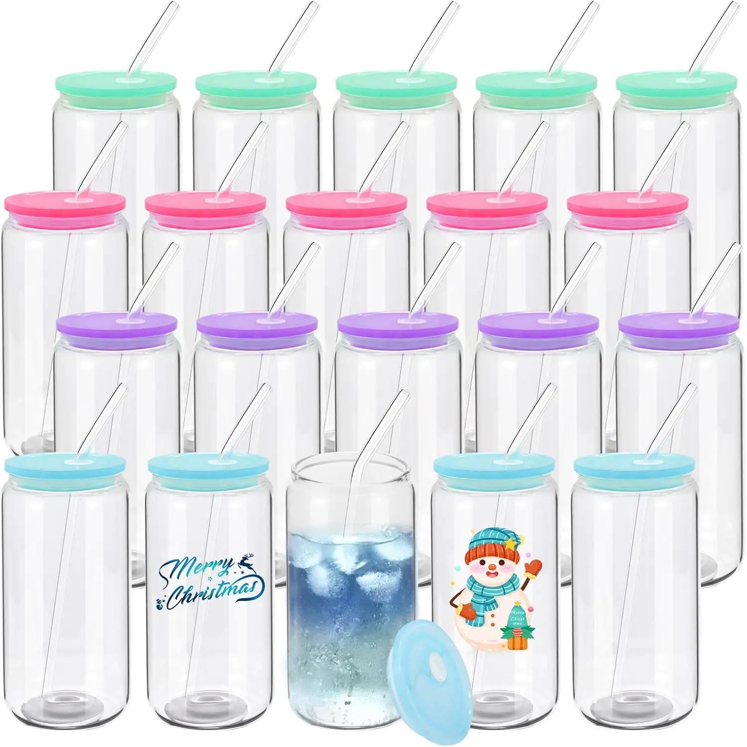 

20 Pack Drinking Glasses with Acrylic Lids and Glass Straws, 16oz Can Shaped Glass Tumbler Set for Whiskey, Iced Coffee, Tea
