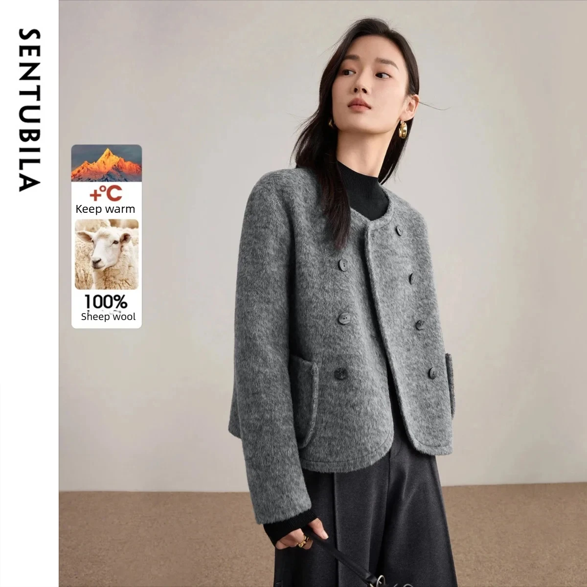 

SENTUBILA Women's Double-sided Woolen Jackets 2025 O-neck Long Sleeve Short Wool Coats Solid Straight-line Outerwear W54OG2668