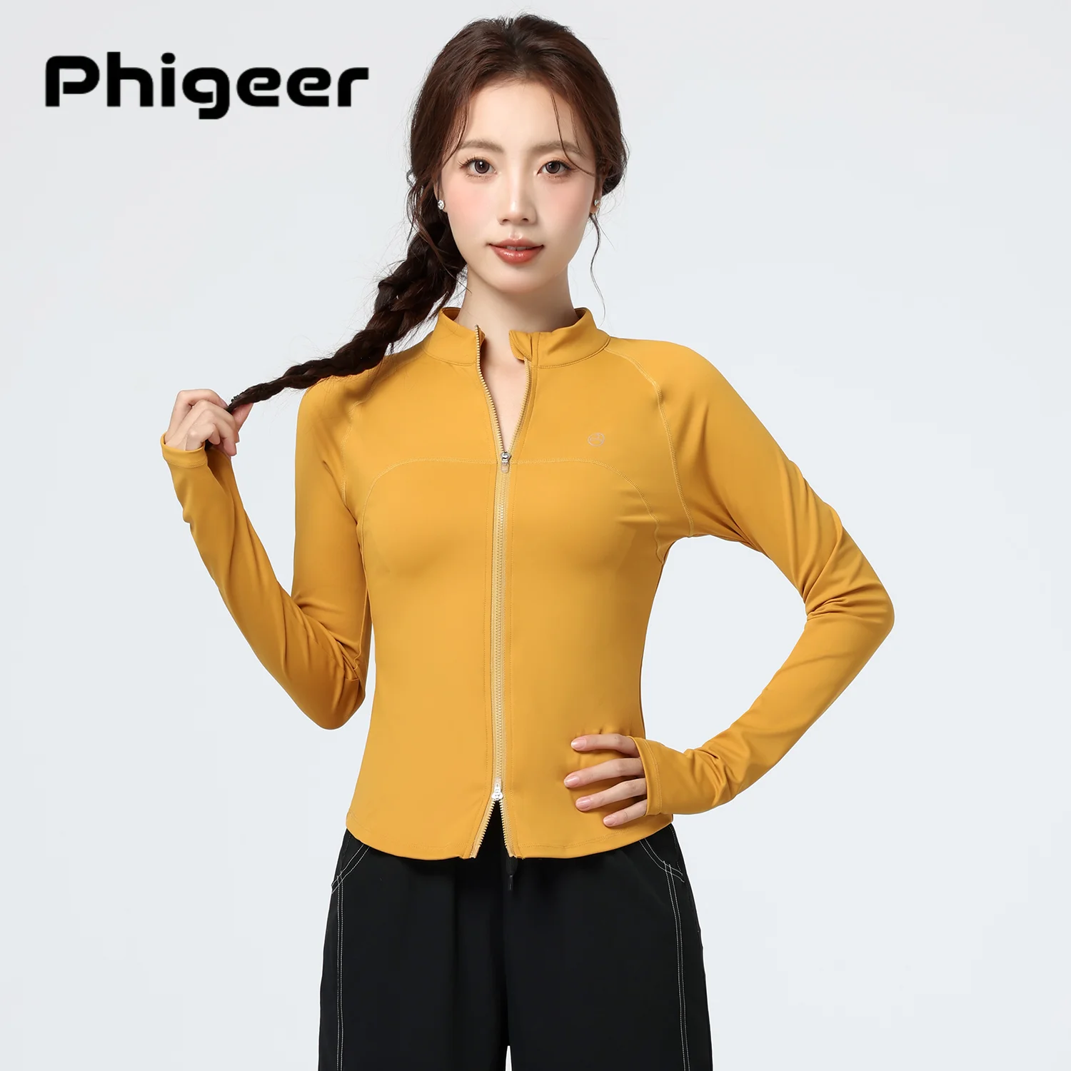 

PHIGEER Women's Two-way Zip Up Yoga Jacket, Lightweight Slim Fit Athletic Running Coat, Cropped Pilates Gym Tops with Thumb Hole