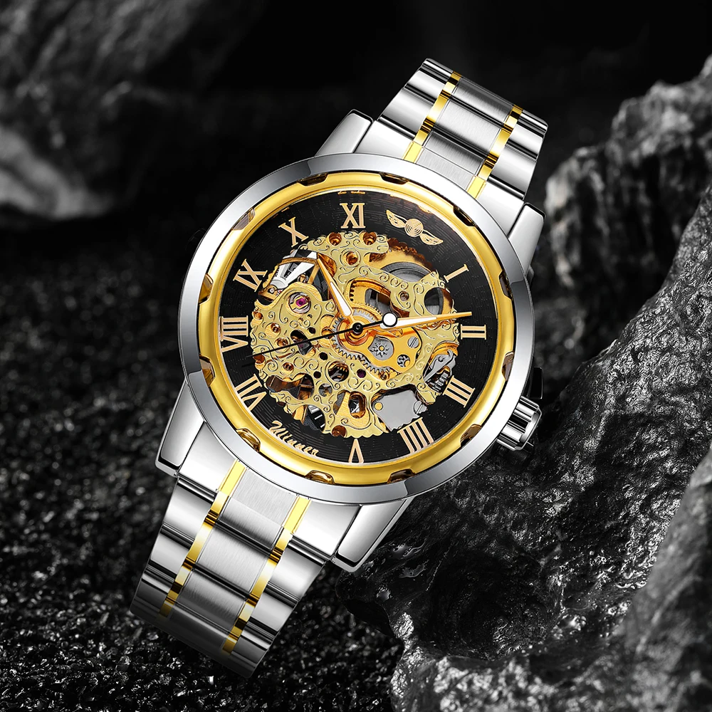 WINNER Vintage Gold Skeleton Mechanical Watch for Men Luminous Hands Stainless Steel Strap Classic Luxury Hand Winding Watches