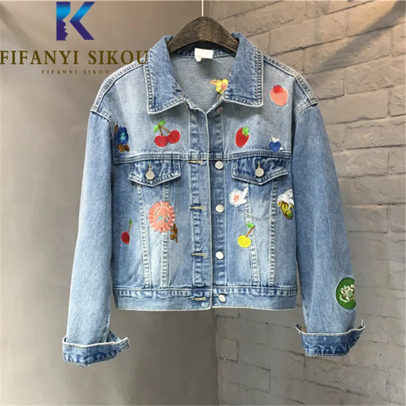 

Jeans Jacket Women Double Pocket Lapel Fashion Embroidery Short Denim Jacket Female 2022 Spring Autumn Loose Casual Jeans Coat