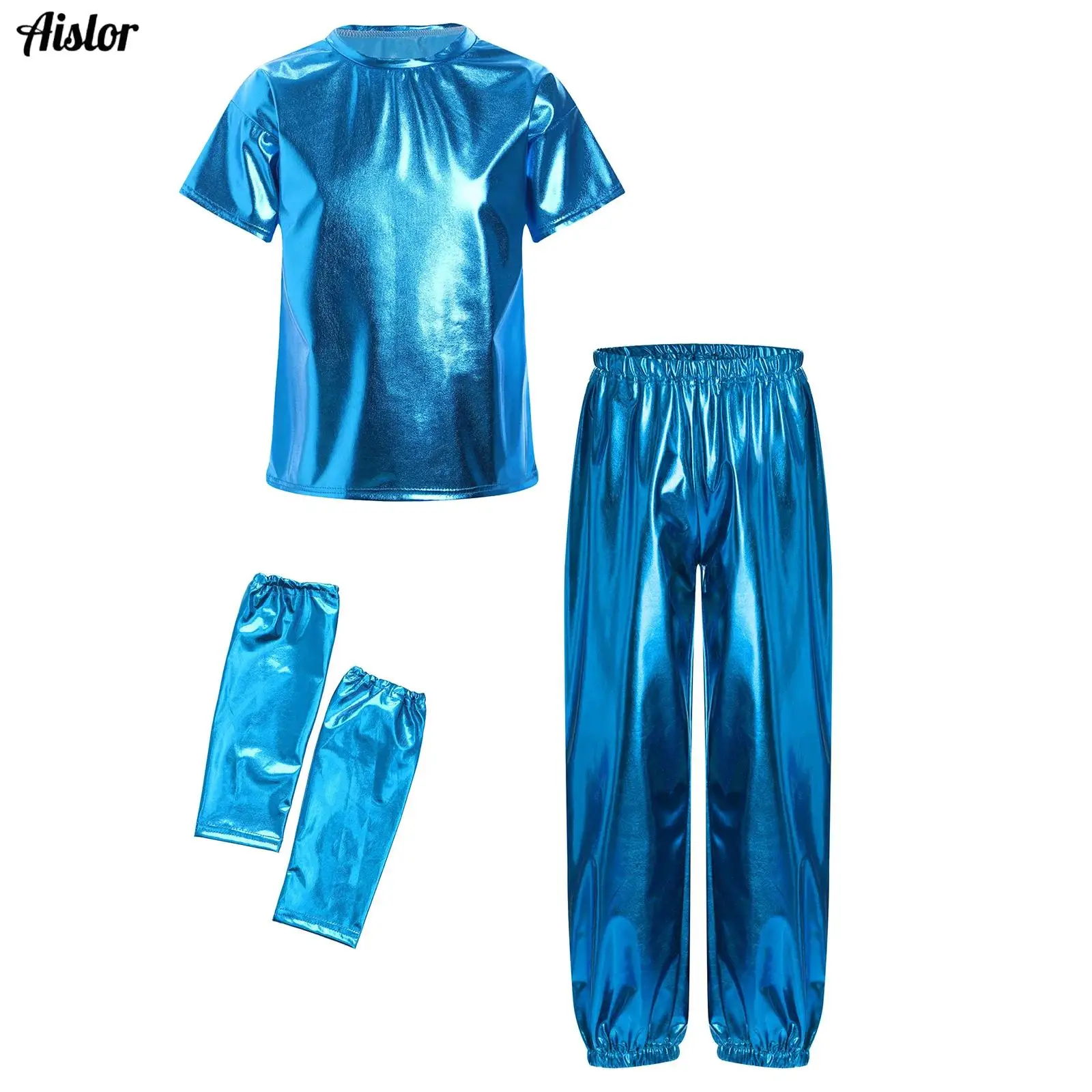 

Kids Girls Boys Hip Hop Jazz Dance Set Short Sleeve Round Neck Metallic Shiny T-shirt+Pants+Gloves Party Performance Costume
