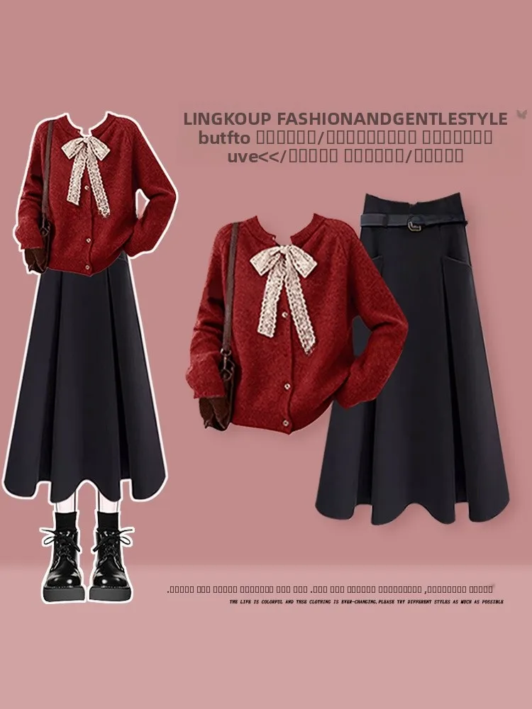 

Stunning Christmas Red Knitted Cardigan And Slimming Midi Skirt Set for Women Elegant Autumn Winter Two-Piece Ensemble