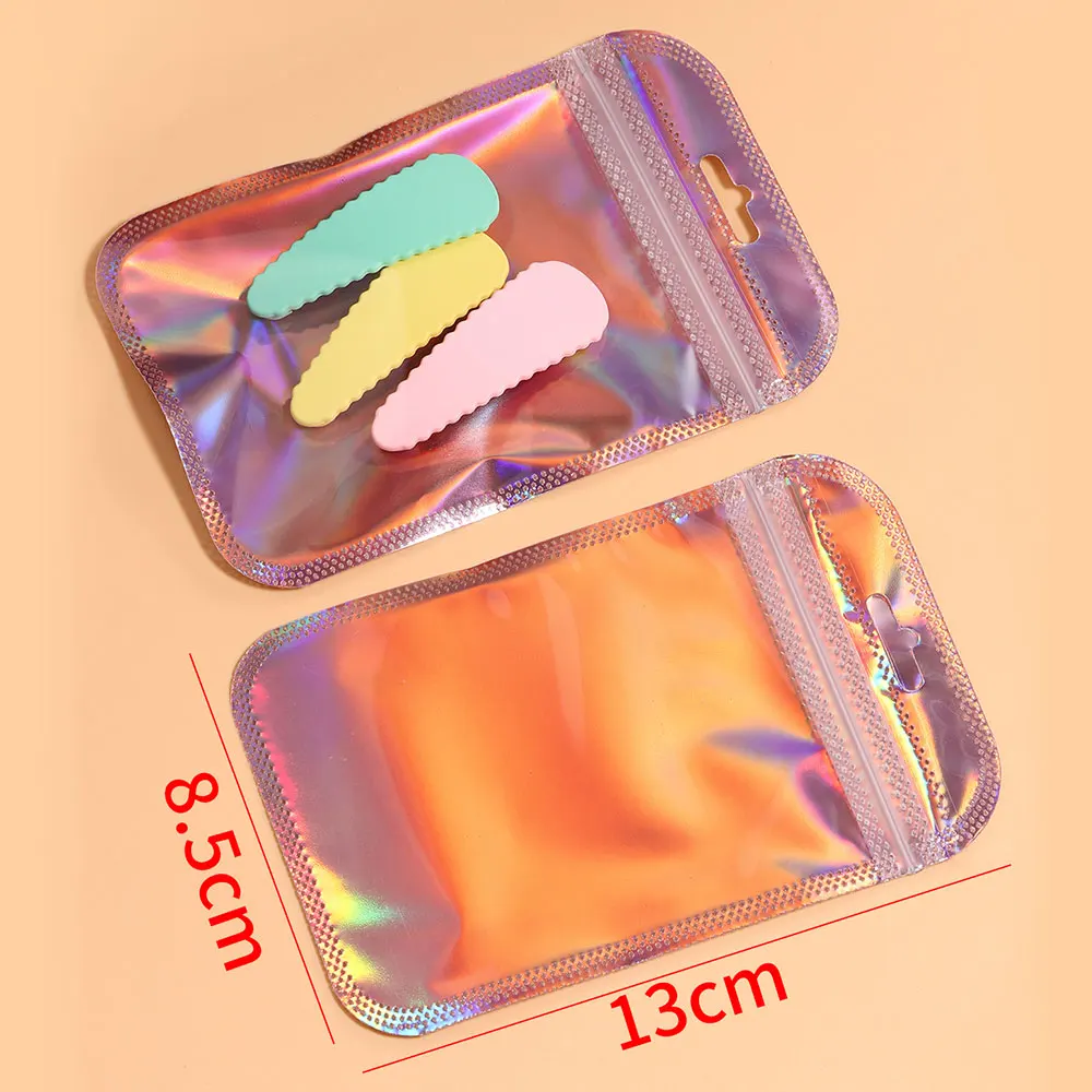 50pcs 8.5x13cm Pink Zipper Bag Thicken Transparent Laser Plastic Bag Sealing Pouches for Jewelry Display Nail Cosmetic Packaging