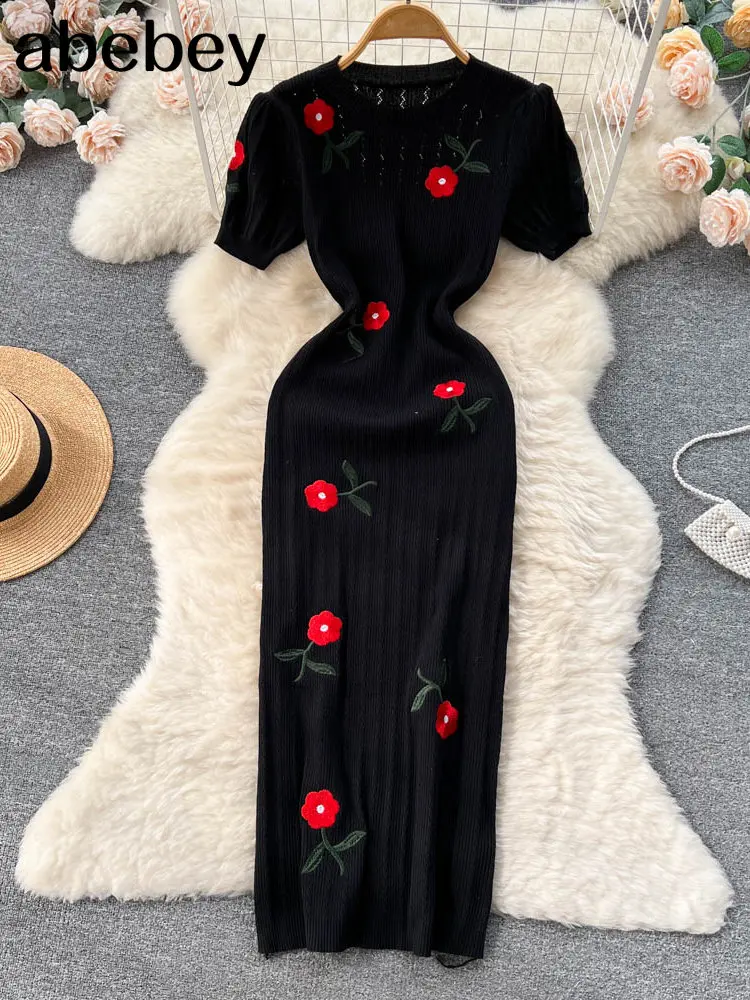 Vestido de crochê cortado em malha para mulheres, manga curta, Maxi, vestido de praia longa, Jurk Dames, vestidos femininos, 2023