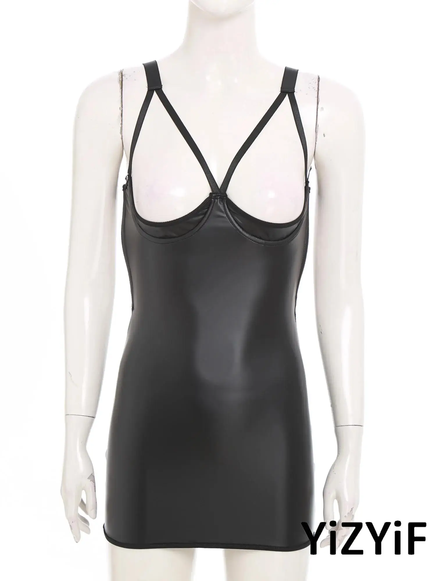 

Womens Erotic Soft PU Leather Lingerie Dress Hollow Out Backless Sling Tube Dress Bodycon Mini Dress Nightwear Clubwear