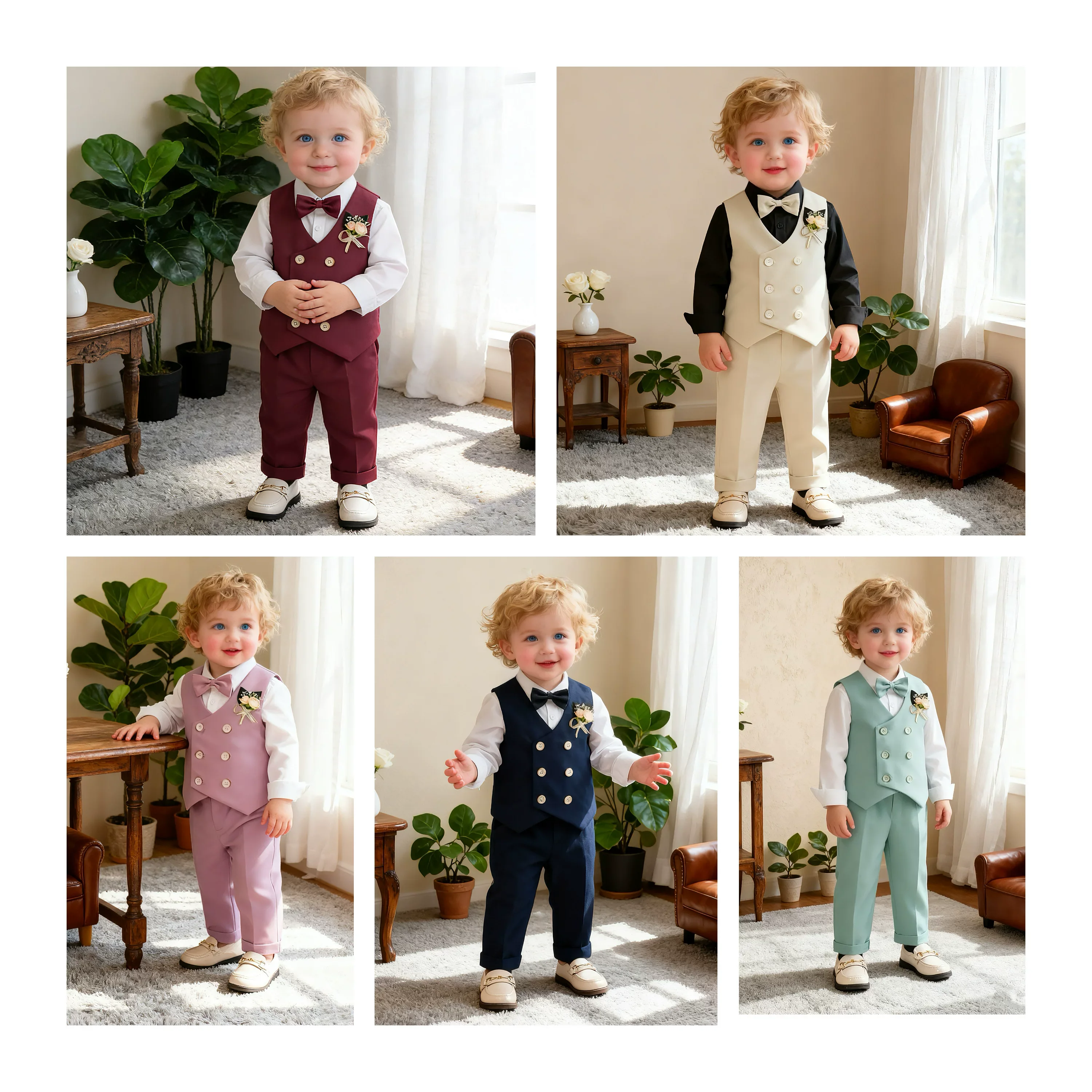 Russia Kids Summer Vest Pants Bowtie Flower Photography Suit Boys Birthday Wedding Dress Children Piano Host Performance Costume
