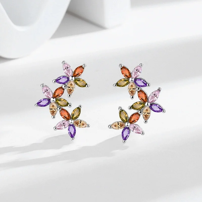 Charm Multicolor Zircon Star Flower Stud Earrings For Women Silver Color Wedding Engagement Rainbow Ear Studs Party Jewelry Gift