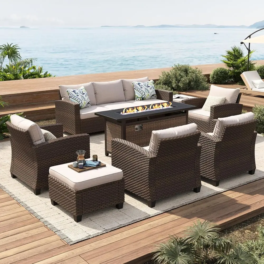 7-Piece Outdoor Brown Wicker Patio Furniture Set with Cushions and Beige Sofa, 9 Seating, Including Regular Table