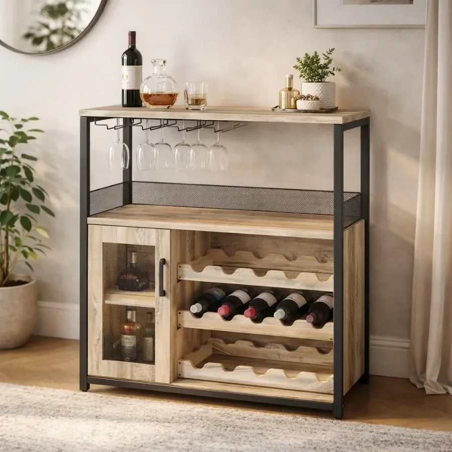 Wine bar cabinet with wine rack and glass holder for home bar use, made of engineered wood in gray color, featuring baffle desi