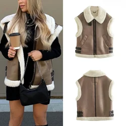 Women's Brown Fur Warm Vest One-piece Lapel Thickened Vest Urban Elegant Women's Commuter Jacket Temperament Zipper Vest