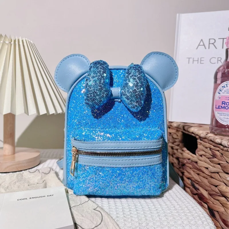 حقيبة ظهر ديزني ميني ماوس للفتيات بفيونكة صغيرة متألقة كرتونية لطيفة على الموضة هدية عيد ميلاد للمدرسة لرياض الأطفال
