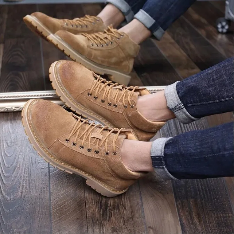 Winter Work Leather Boots Men Round Toe Short Boots Lace Up Fashion Warm Fur Shoes New Cotton Boots Non Slip Mens Street Boots