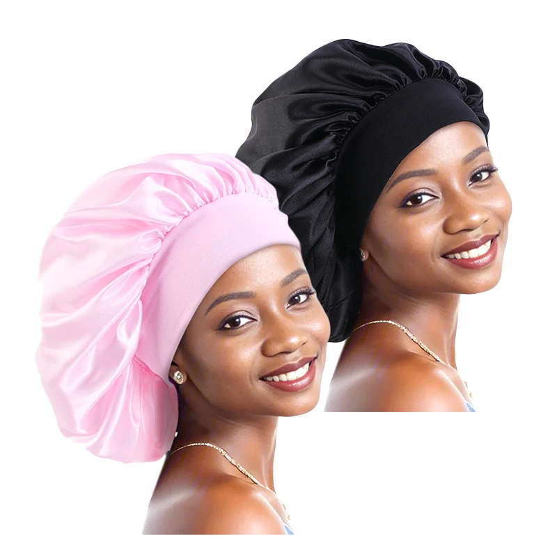 2PCS/LOT Women Ready to ship wide brimmed Night Sleep Cap Headwraps Elastic Band Hair Satin Bonnets beauty shower cap