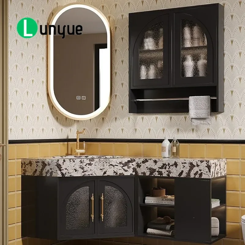 French Retro Rubber Wood Corner Bathroom Cabinet with Luxury Stone Ceramic Basin Multi Layer Storage Vanity for Modern Home
