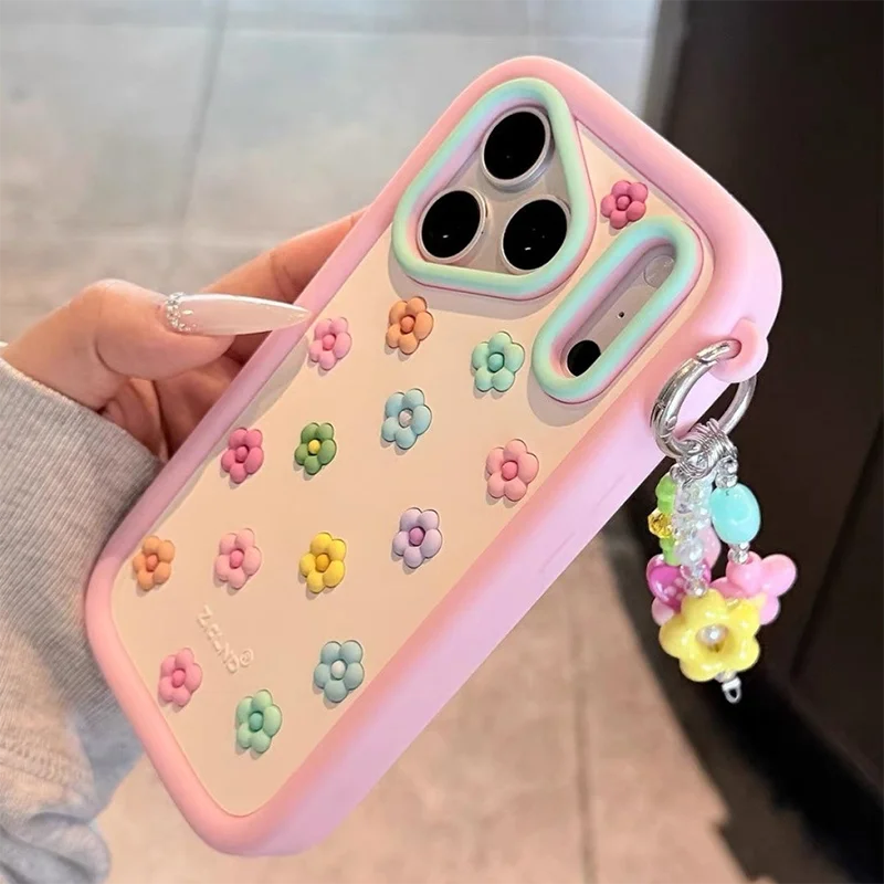 Cute Pink Floral Phone Case For iPhone 17 18 Pro Max 16 15 14 13 Pro Max Soft Case Protective Cases With Flower Pendant