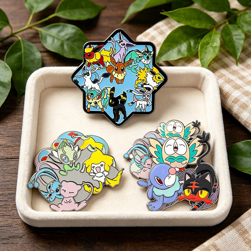 Pins de Esmalte Coleccionables Inspirados en Eevee, Evoluciones, Mew, Rowlet, Popplio y Litten, Broches para Mochilas y Regalo para Fans