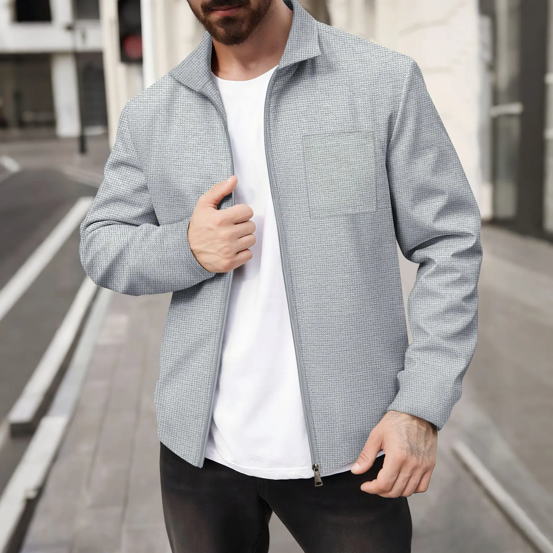 Men's Stylish Casual Sport Loose Jacket, High-Quality Front Zipper Single Pocket, Plain Color Trendy Streetwear Comfortable Coat