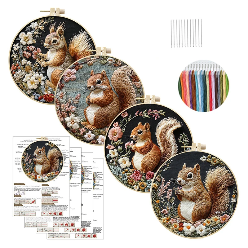 DIY-Stickset, das Eichhörnchen-Blumen-Stickerei-Starter-Set, Stoffreifen, Fäden, Nadeln und englische Anleitung, handgefertigtes Geschenk