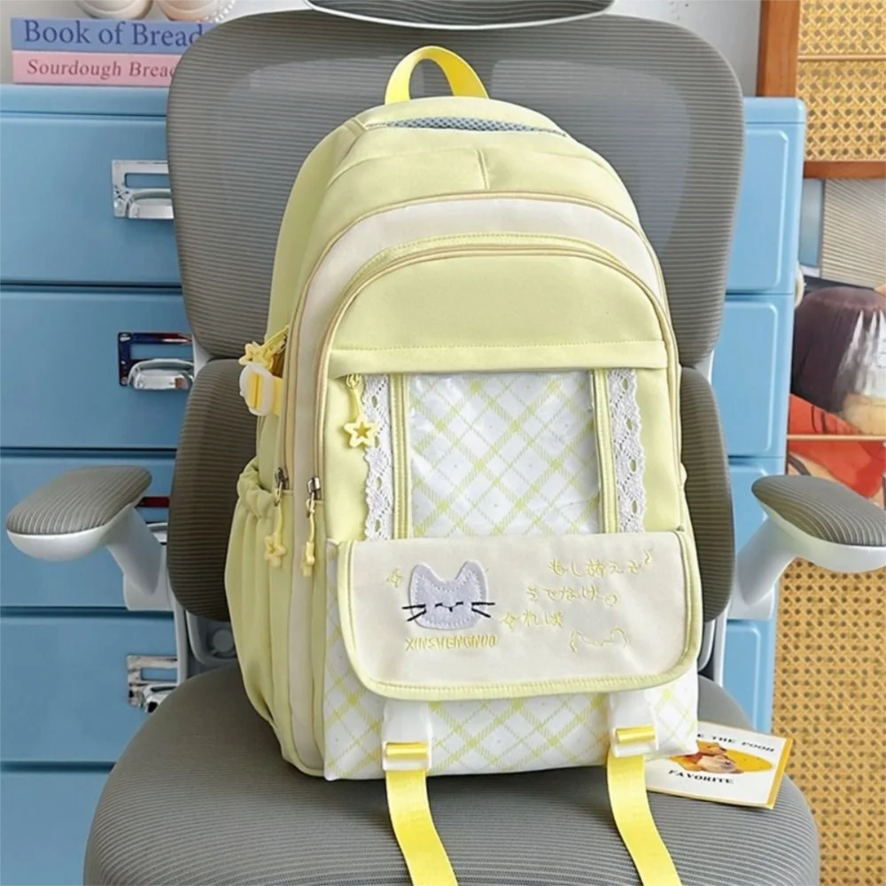 Casual Nylon Hollow Lace Backpack Color-blocked Cute Large Capacity School Bag Durable Transparent Cat Plaid Backpack College