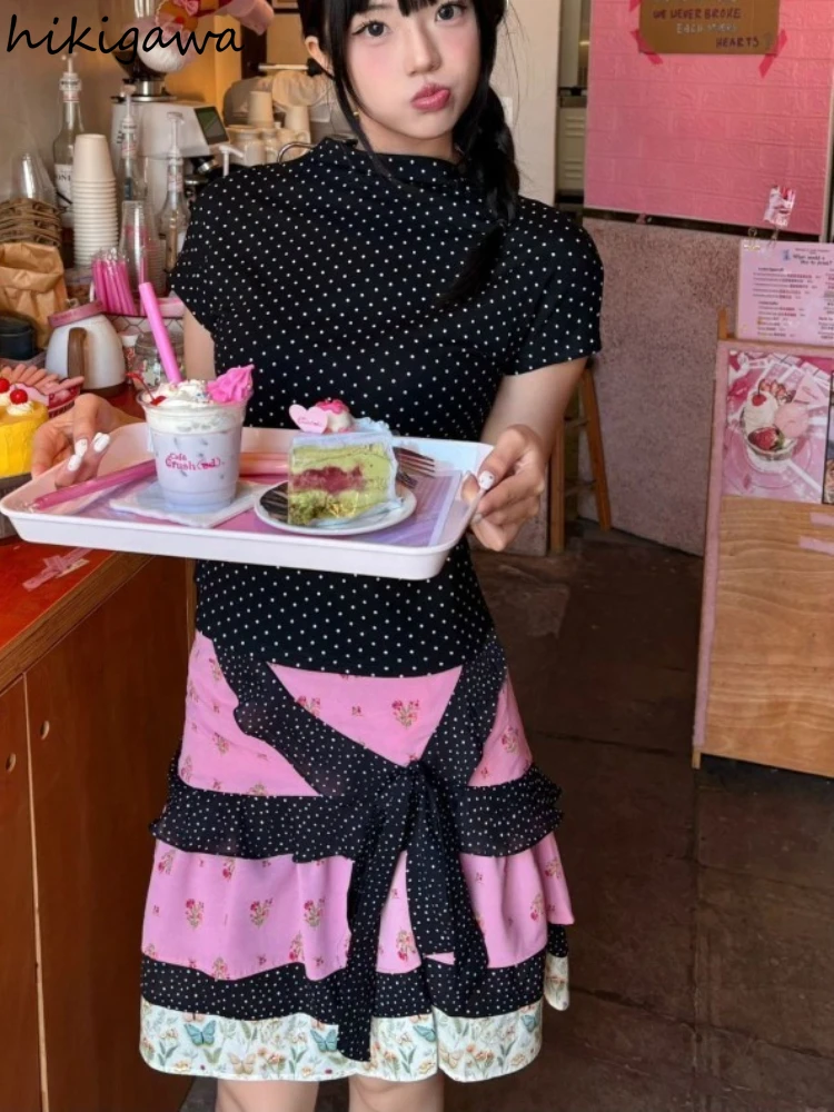 

2 Piece Set for Women Summer Clothing Short Sleeve Polka Dot Tshirts Bandage Patchwork Skirt Outfits Korean Slim Fit Sweet Suit