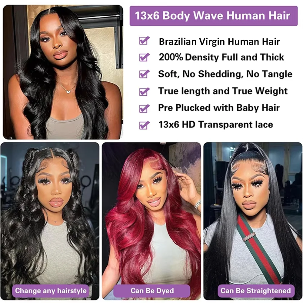 Body Wave Lace Front Human Hair Wig 30 34 40 Inches 200 Density Brazilian Remy 13x6 Transparent Hd Lace Frontal Wigs For Women image 3