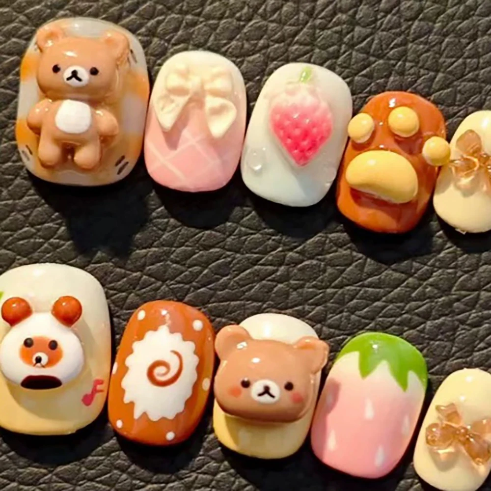 

10Pcs Cute Cartoon Anime Rilakkuma Short Square Ruond Handmade Press On Nails Cat Paws Bowknot Strawberry Fake Nails Gifts