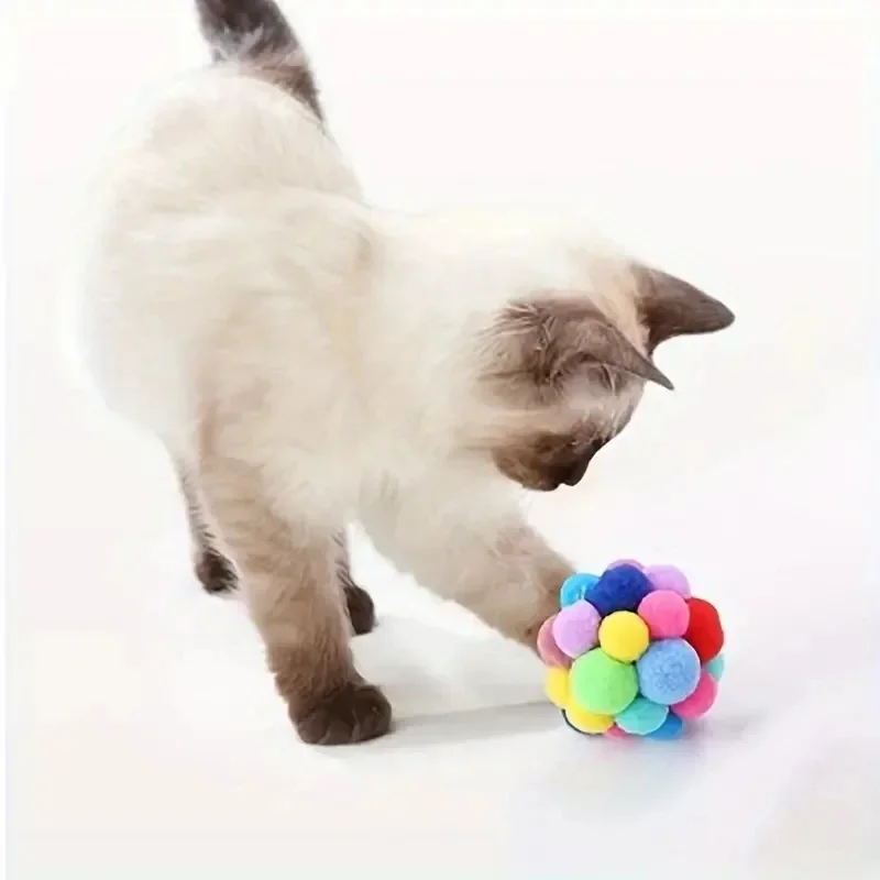 Cat Toy Balls Cat Plush Ball Toy Colorful Soft Fuzzy Balls Interactive Playing Chewing Toys Pet Elastic Bell Ball for Indoor Cat