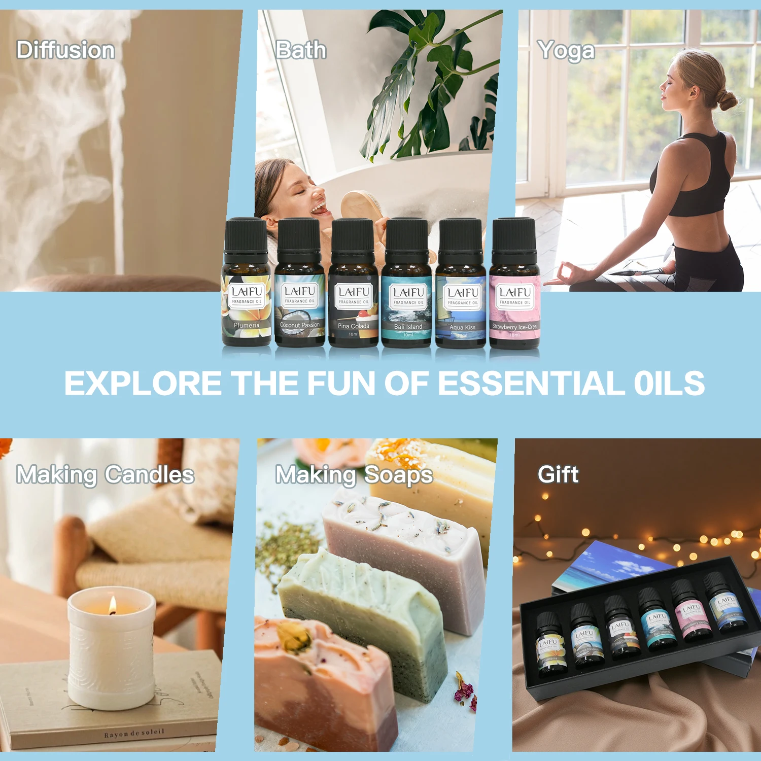 مجموعة الزيوت العطرية الصيفية مقاس 6 × 10 مل للناشر والعلاج العطري والشموع لصنع الروائح الاستوائية بلوميريا وجوز الهند وبينا كولادا والبال