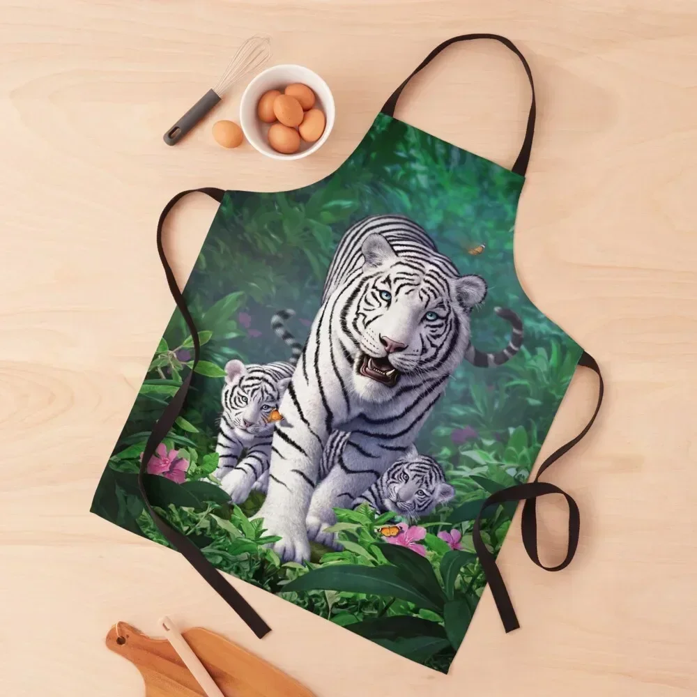 

White Tigers Apron Barista Kitchen Kawaii Accessories Kitchen Household Items Kitchen Supplies Idea Goods Apron