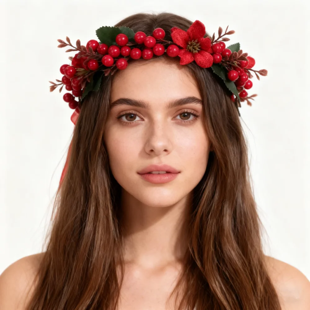 Shabby Chic Large Red Berry Garland Wine Red Rose Red Flower Flower Hairband Ribbon Green Leaf Bridal Hair Accessory Bridesmaid