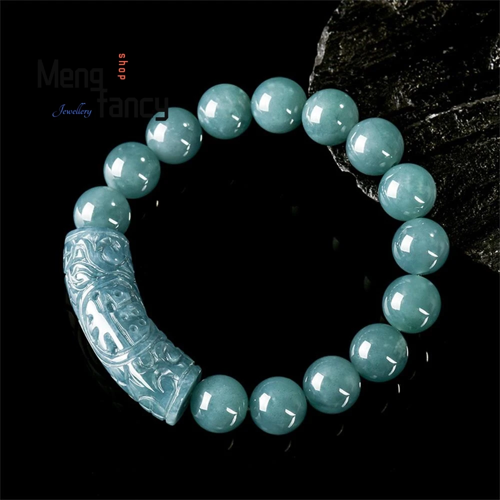 

Genuine Natural A-grade Jadeite Blue Water "Fu" Character Curved Bar Ice-type Jade Bracelet High-grade Exquisite Fashion Jewelry