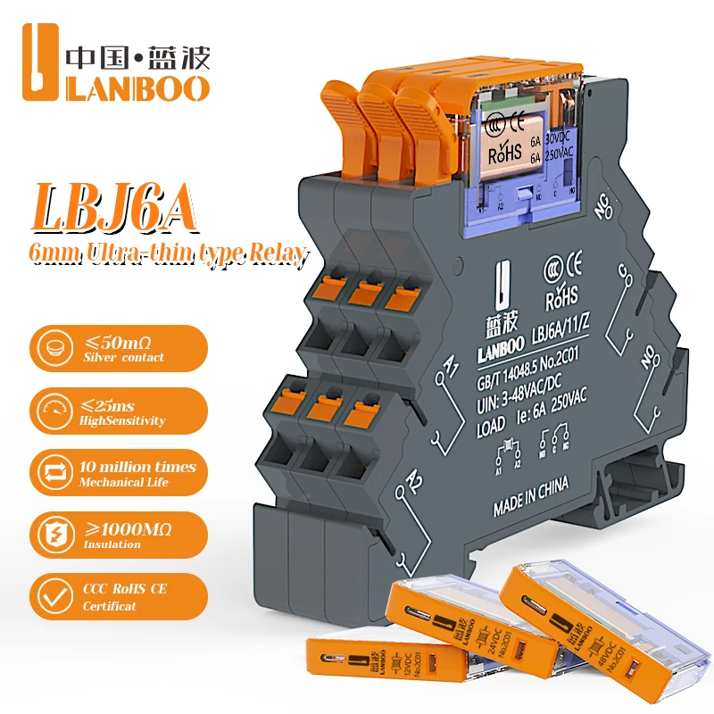 Przekaźnik LANBOO J6A, wysokiej częstotliwości, ultracienki, montowany na szynie DIN, z wskaźnikiem LED, 1NO1NC, DC12V/DC24V