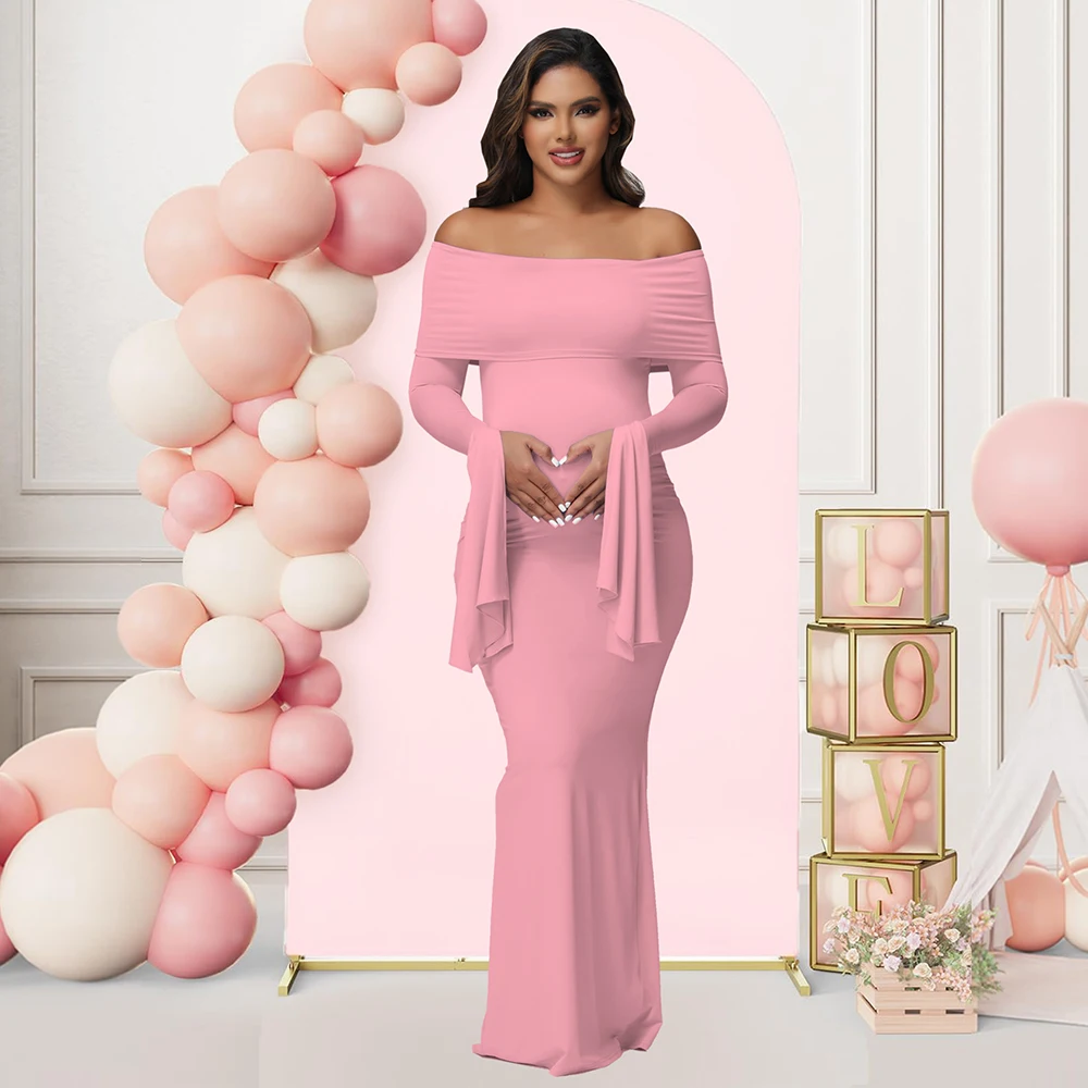 Maternity Off Shoulder Long Sleeve Bodycon Elegant Dress Pregnancy Photography Baby Shower Evening Maxi Gown