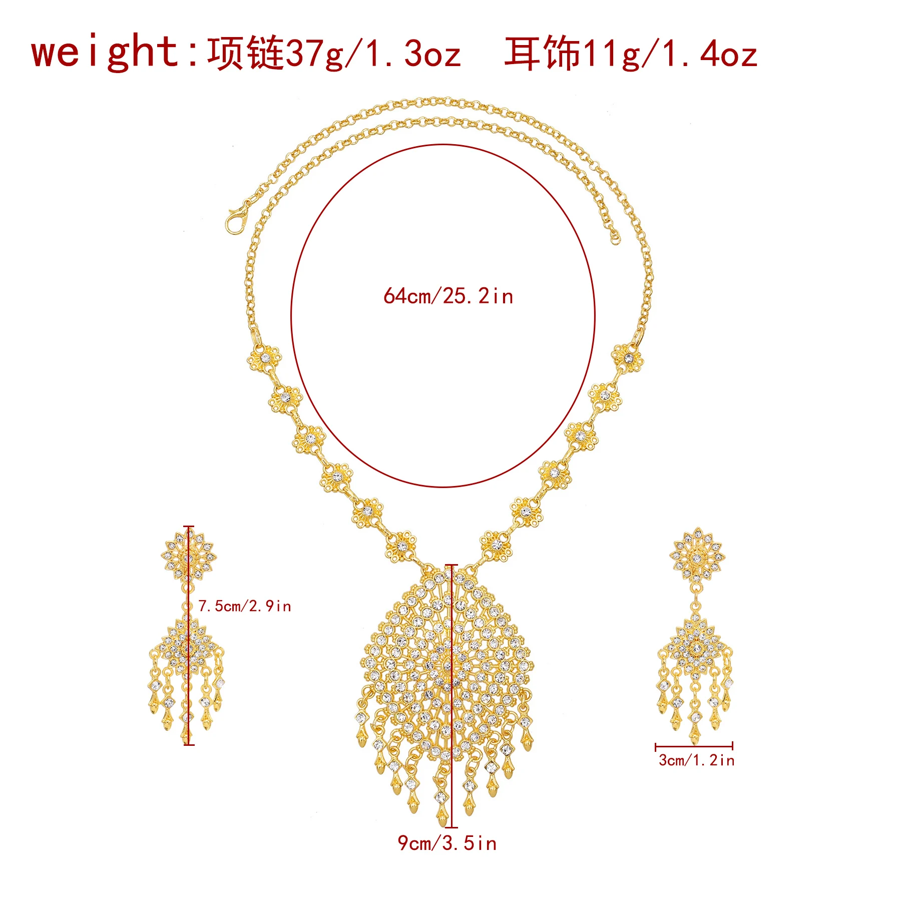 Thailand Rhinestone Hollow Geometry Flower Women Necklace Earrings Set Ethnic Alloy Tassel Bohemian Pendant Jewelry Female Gift