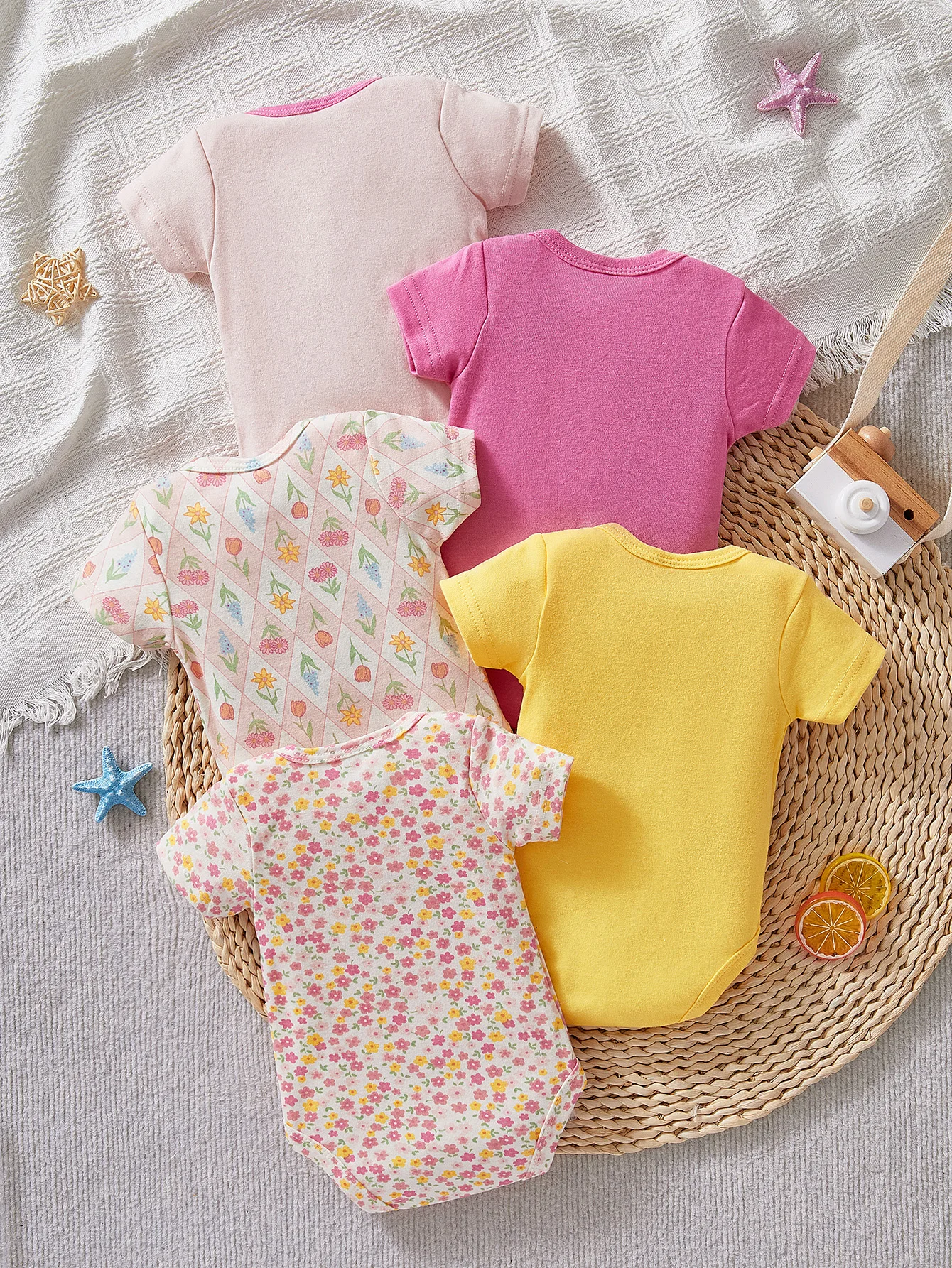 5-Piece Set Baby Girl Newborn Jumpsuit Summer Clothes Crawling Bag Fart Short Sleeved round Neck Outfit for Infants