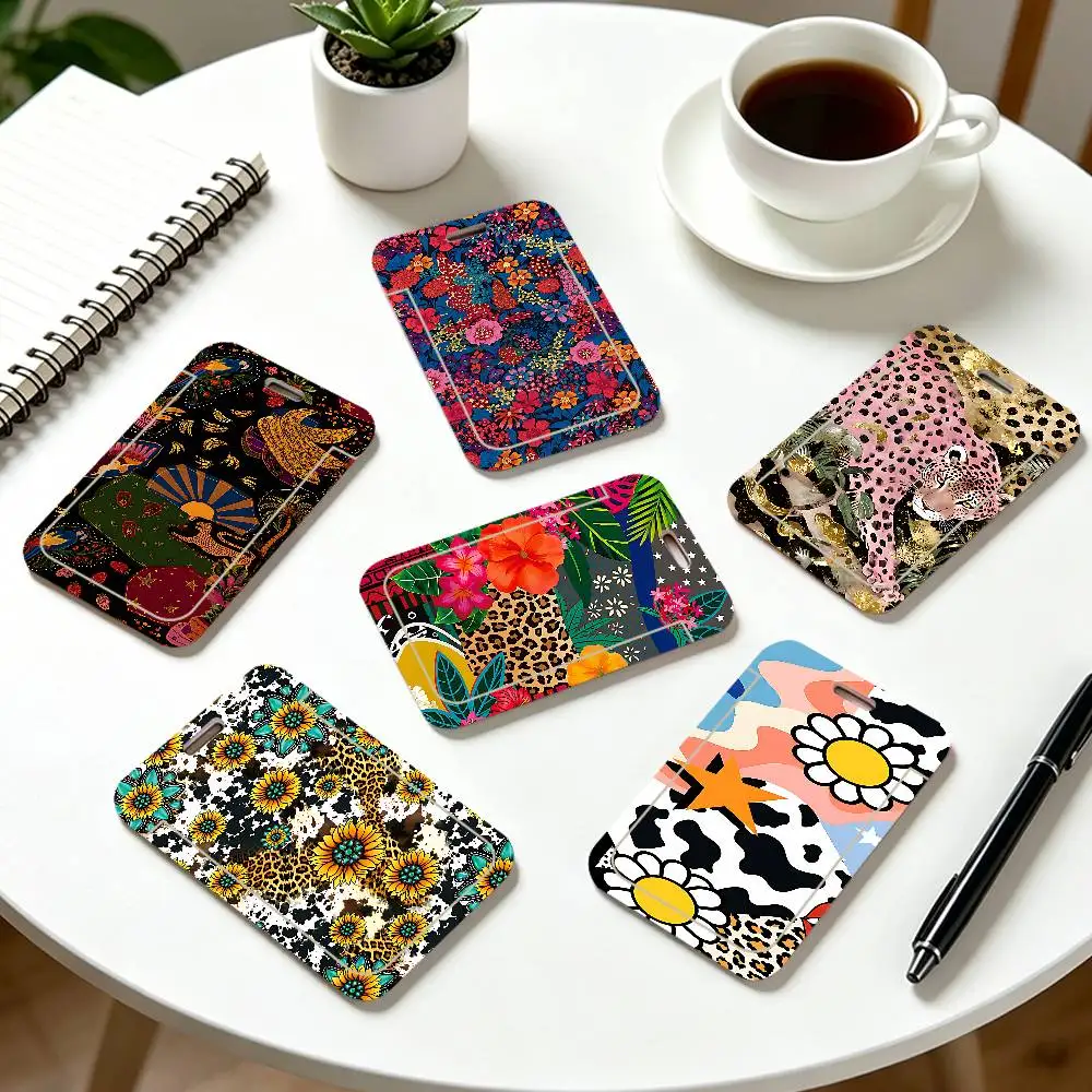 Leopard Print Flowers Clear ID Card Holder Lanyard Neck Strap Badge Case Door Credit Card Protector Daily Gift