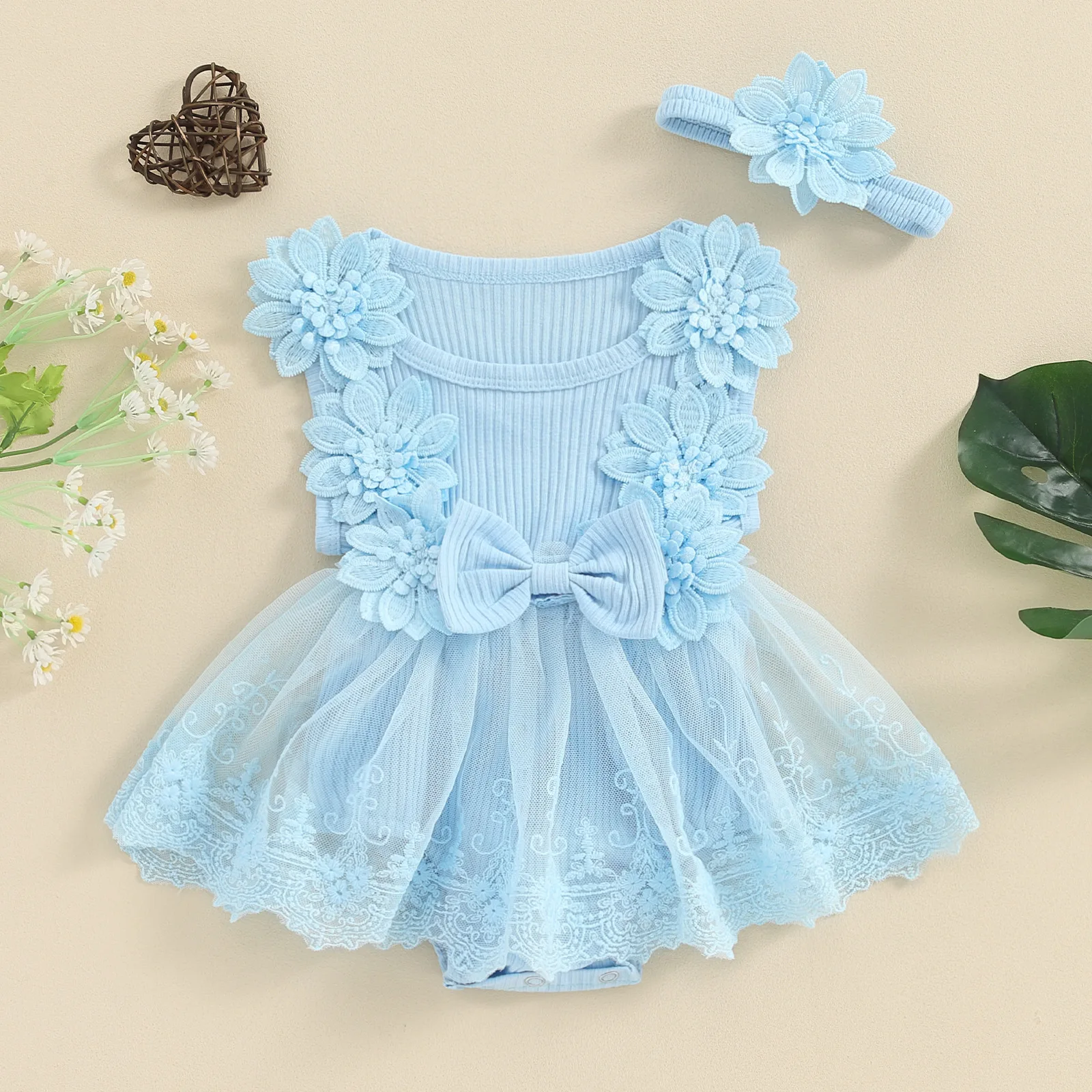 Girl's New Solid Color Flower Sleeveless Bow Mesh Newborn Full Moon Sweet and Cute Climbing Suit with Matching Strap