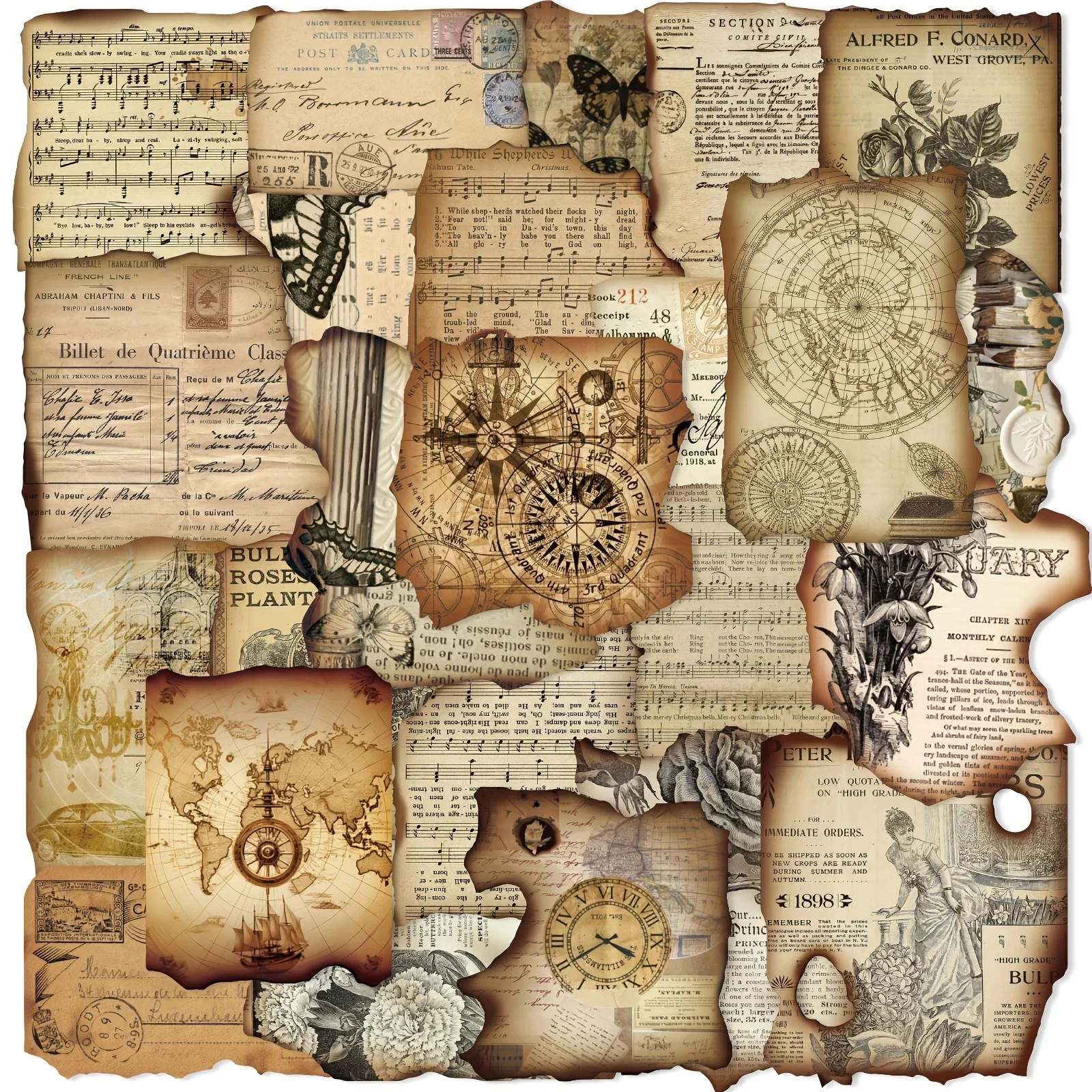 50 Pcs Vintage Burnt Stickers, Historical Creative Decorative Stickers for Scrapbook Junk Journal Collage DIY Crafts