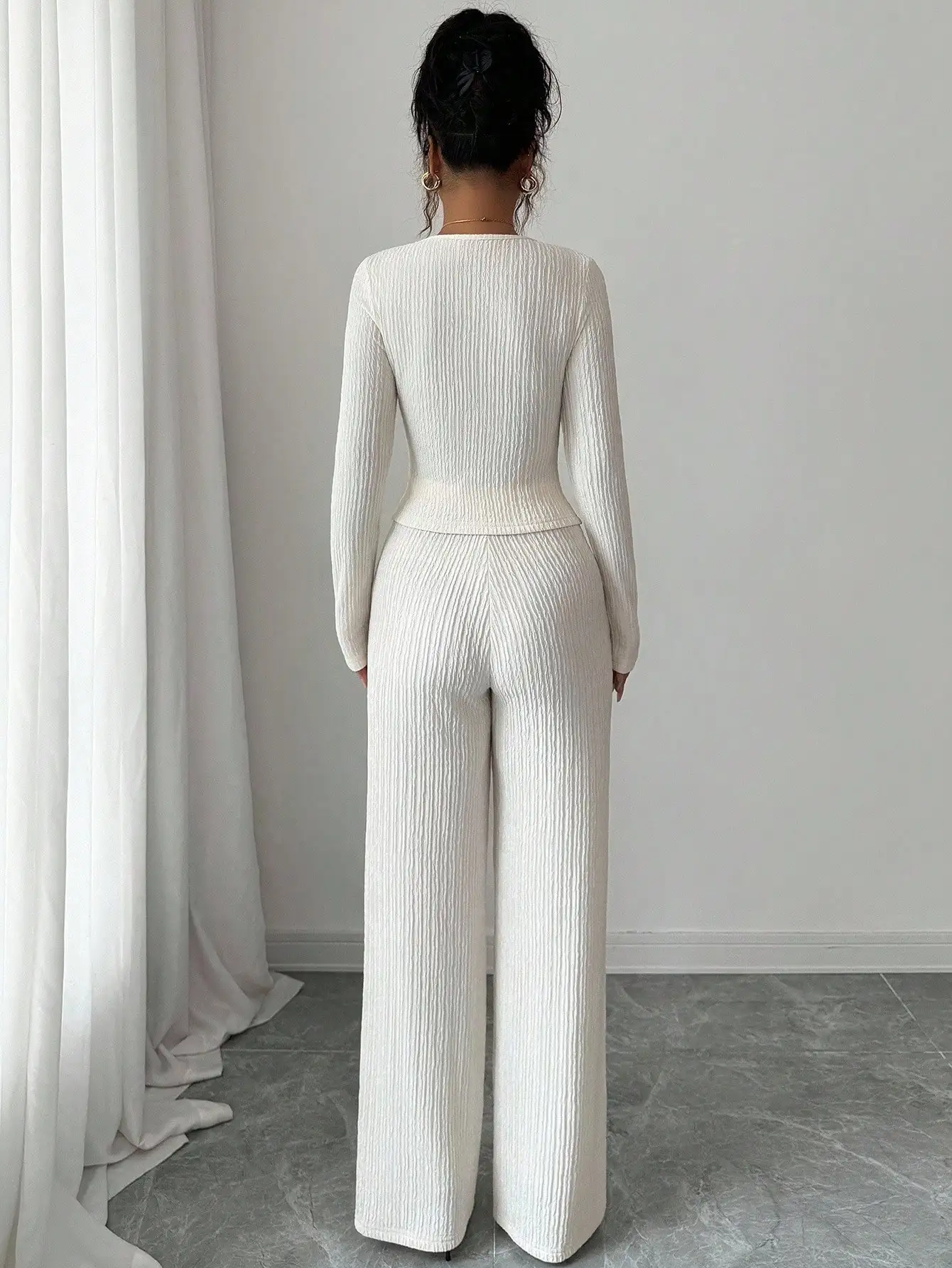 

Women's Solid Textured 2 Piece Set Long Sleeve Notch Collar Double-Breasted Blazer High Waist Wide Leg Pants